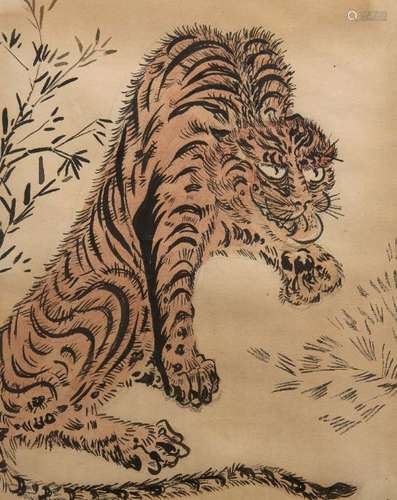 20th century Japanese School, ink and colour on paper, study of a prowling tiger, 27cm x 21cm (