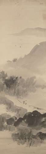 19th century Japanese School, ink on paper, depicting figures in a mountainscape, signed and sealed,