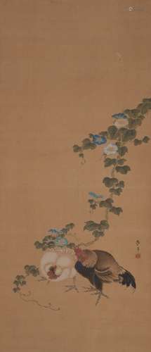 19th century Japanese School, ink and colour on silk, hanging scroll, study of cockerels and