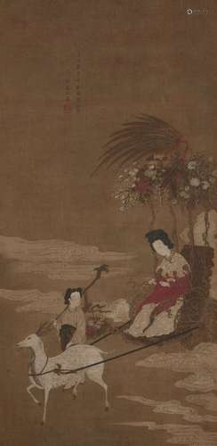 19th century Japanese School, ink and colour on silk, hanging scroll, a deer pulling a carriage with