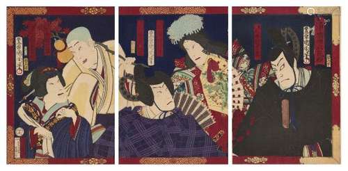 Toyohara Kunichika, Japanese 1835 - 1900, Joruri Rokkasen, 1875, woodblock print in colours,