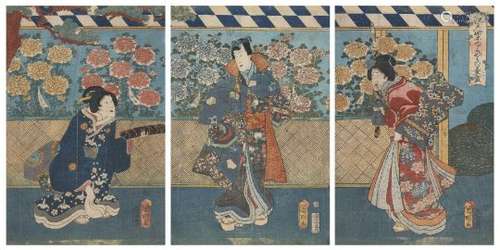 Utagawa Kuniaki, Japanese active c.1844 - 1868, Chrysanthemum Display, c.1865, woodblock print in