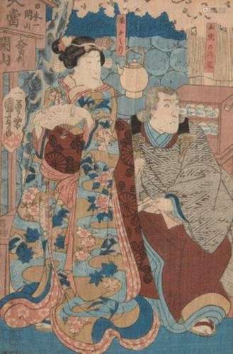 Utagawa Kuniyoshi, Japanese 1798-1861, Meeting at Murairo Tea-house, 1848, woodblock print in