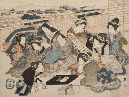 Utagawa Toyokuni, Japanese 1769-1825, A court scene depicting The Seven Sages, surimono woodblock