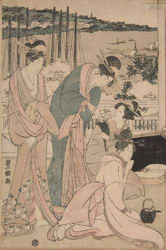 Utagawa Toyokuni, Japanese 1769-1825, Shinagawa Yuen c.1801-04, left panel from the triptych, signed