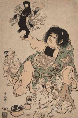 Torii Kiyonaga, Japanese 1752-1815, Kintaro with Three Demons and a Bear Playing Music, c.1784-1806,