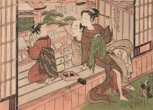 Isoda Koryusai, Japanese 1735-1790, amorous couple on the veranda, c. 1770s, from the shunga album