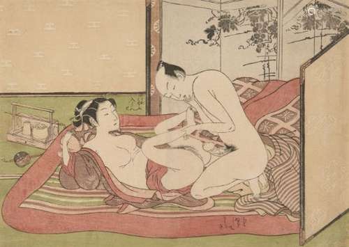 Isoda Koryusai, Japanese 1735-1790, amorous couple enclosed with a screen, c. 1770s, shunga