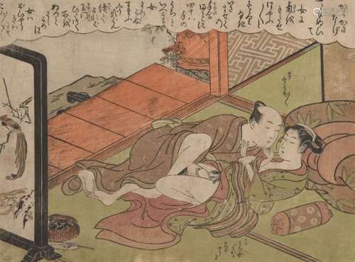 Isoda Koryusai, Japanese 1735-1790, amorous couple beside an ornate screen, c. 1770s, shunga