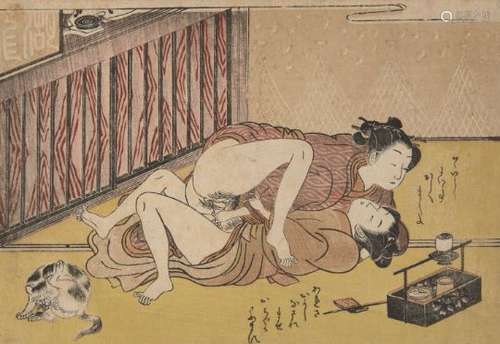 Isoda Koryusai, Japanese 1735-1790, amorous couple beside a cat, c. 1770s, shunga woodblock print in