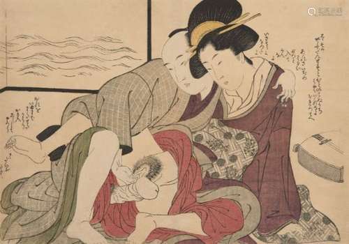 Kitagawa Utamaro, Japanese 1753-1806, couple with a shamisen, shunga woodblock print in colours,