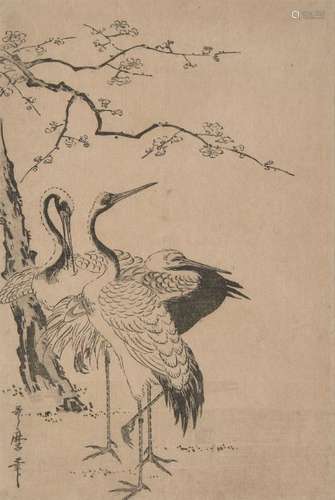 Kitagawa Utamaro, Japanese 1753-1806, three cranes, woodblock print in colours, signed Utamaro