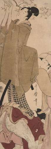 Kitagawa Utamaro, Japanese c.1753-1806, A Man Attaching a Tanzaku, woodblock print in colours,