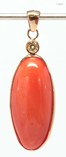 Coral, diamond, 10k yellow gold pendant