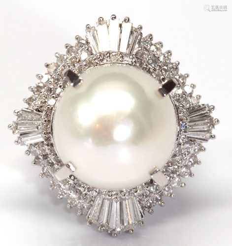 Cultured pearl, diamond, platinum ring