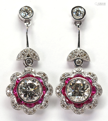 Pair of diamond, ruby, platinum earrings