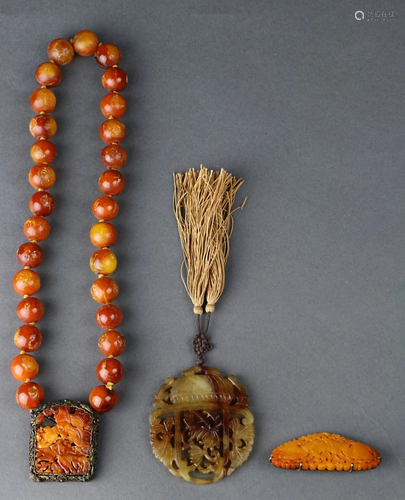 (lot of 3) A beaded amber pendent necklace