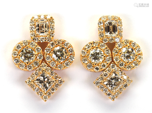 Pair of diamond, 18k yellow gold earrings