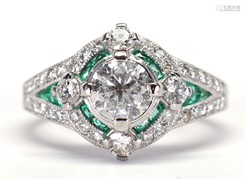 Diamond, emerald, platinum ring