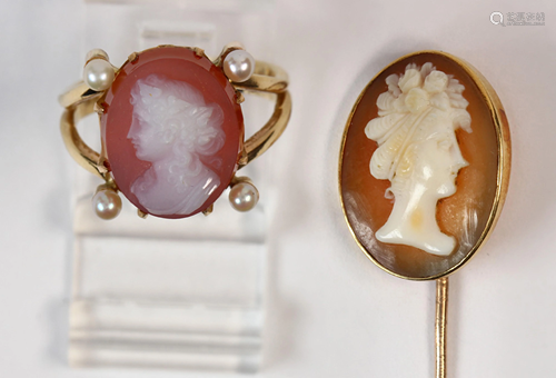 (Lot of 2) Cameo, cultured pearl and yellow …