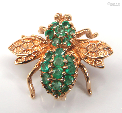 Emerald, 14k yellow gold bee brooch