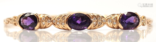 Amethyst, diamond, 14k yellow gold bracelet