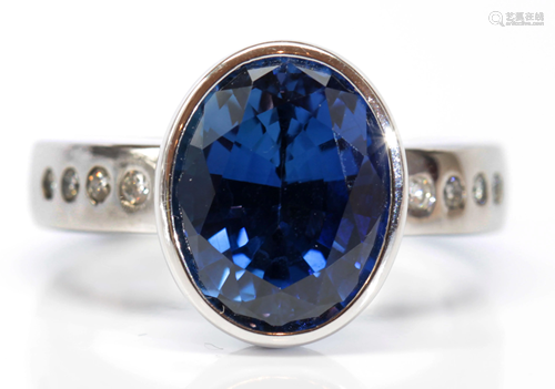 Synthetic sapphire, diamond, platinum ring