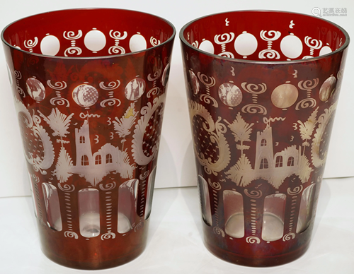 A pair of Bohemian style red cut to clear vases