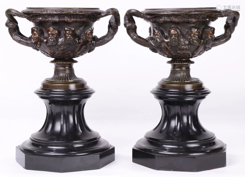 A pair of patinated bronze urns in the Renaiss…