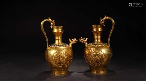 A Pair of Chinese Gilt Bronze Wine Pots