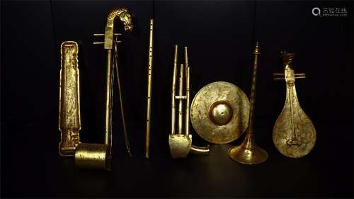 A Set of Chinese Gilt Bronze Musical Instruments