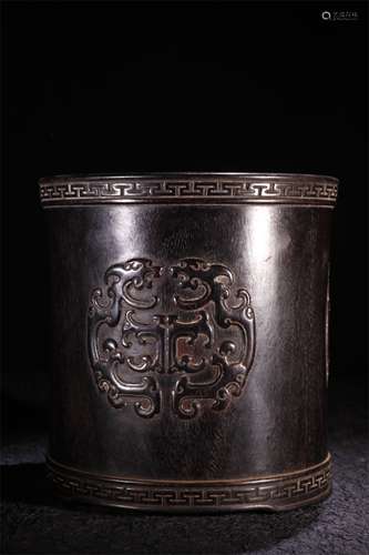 A Chinese Carved Hardwood Brush Pot