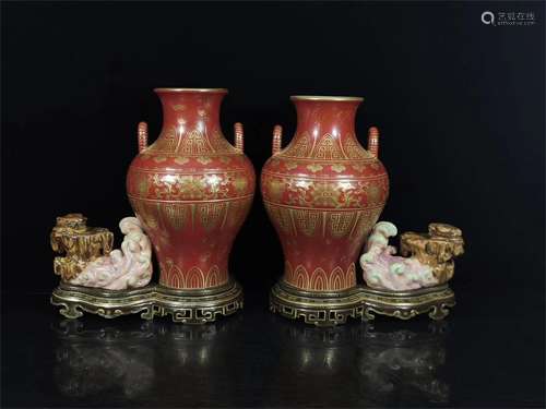 A Pair of Chinese Red Glazed Porcelain Vases