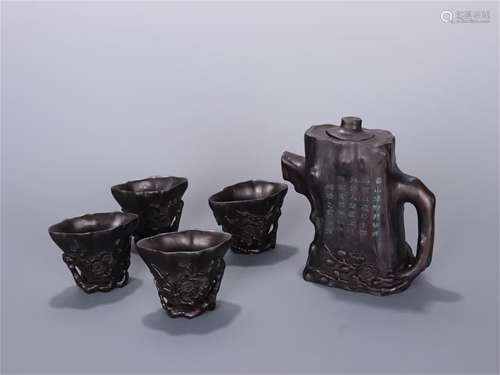 A Set of Chinese Carved Agar-Wood Teaset