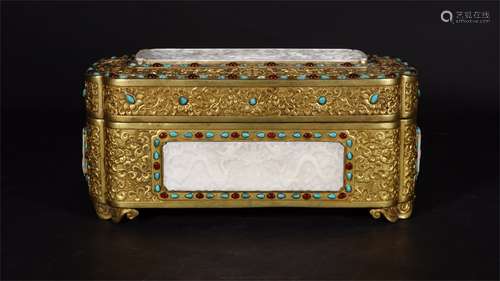 A Chinese Gilt Bronze Box with Cover with Jade Inlaid