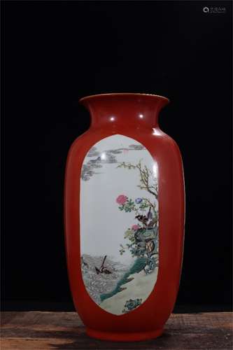 A Chinese Red Glazed Famille-Rose Porcelain Vase