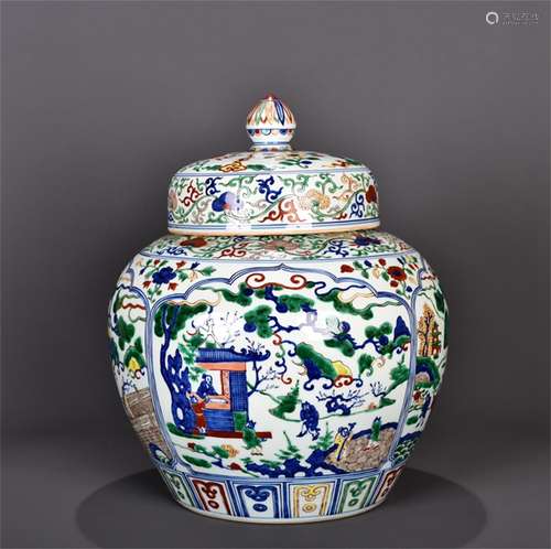 A Chinese Wu-Cai Glazed Blue and White Porcelain Jar with Cover