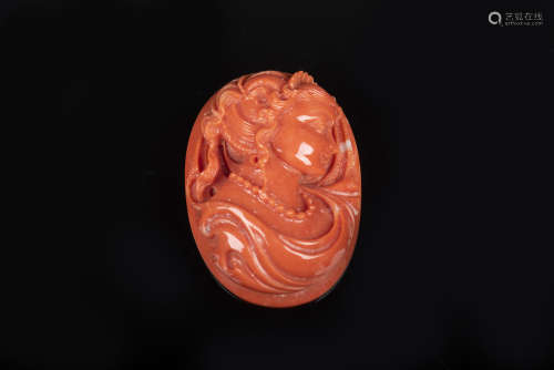 RED CORAL CARVED 'LADY PORTRAIT' PENDANT