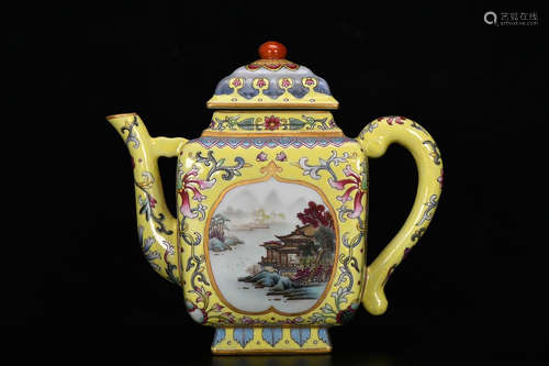 FAMILLE ROSE YELLOW GROUND OPEN MEDALLION 'LANDSCAPE SCENERY' TEAPOT