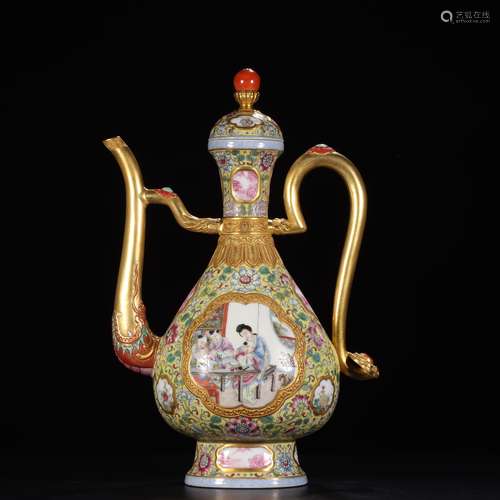 FAMILLE ROSE AND GILT 'MOTHER AND CHILDREN' OPEN MEDALLION EWER