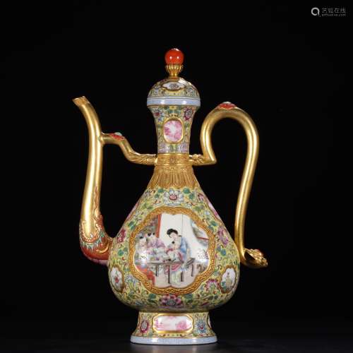 FAMILLE ROSE AND GILT 'MOTHER AND CHILDREN' OPEN MEDALLION EWER