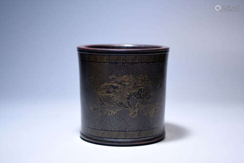 A CHINESE SILVER INLAYING LOBULAR RED SANDALWOOD BRUSH POT