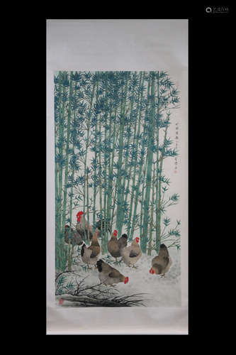 FANG CHUXIONG: INK AND COLOR ON PAPER PAINTING 'CHICKENS IN BAMBOO FOREST'