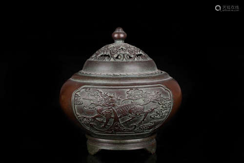 A CHINESE COPPER KYLIN PATTERN INCENSE BURNER