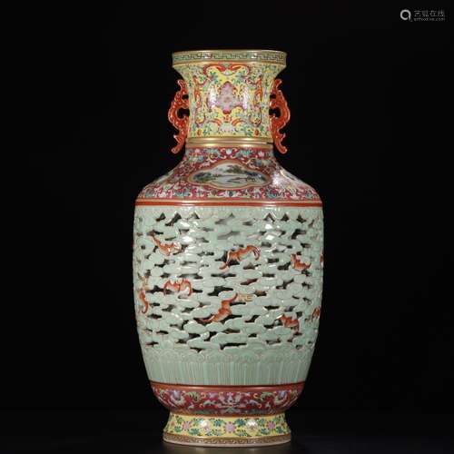 FAMILLE ROSE AND CELADON GLAZED OPENWORK 'AUSPICIOUS' VASE