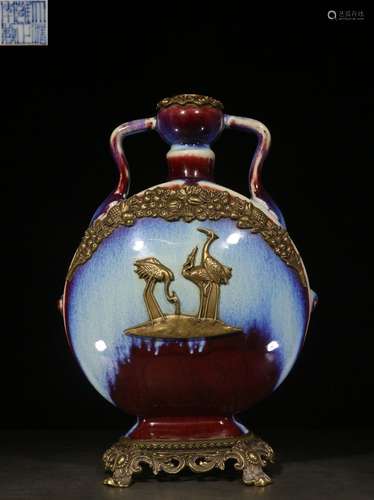 FLAMBE GLAZED AND GILT BRONZE ENCLOSED MOONFLASK WITH HANDLES