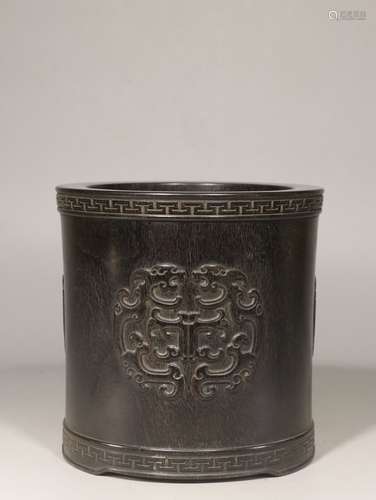 ZITAN WOOD CARVED 'DRAGONS' BRUSH POT