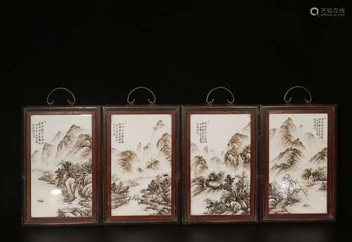 WANG YUNQUAN: SET OF FOUR PORCELAIN 'LANDSCAPE SCENERY' HANGING PLAQUES