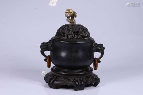 ZITAN WOOD CARVED 'DRAGONS' CENSER WITH MYTHICAL BEAST HANDLES