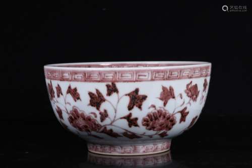 UNDERGLAZED RED 'FLOWERS AND VINES' LARGE BOWL